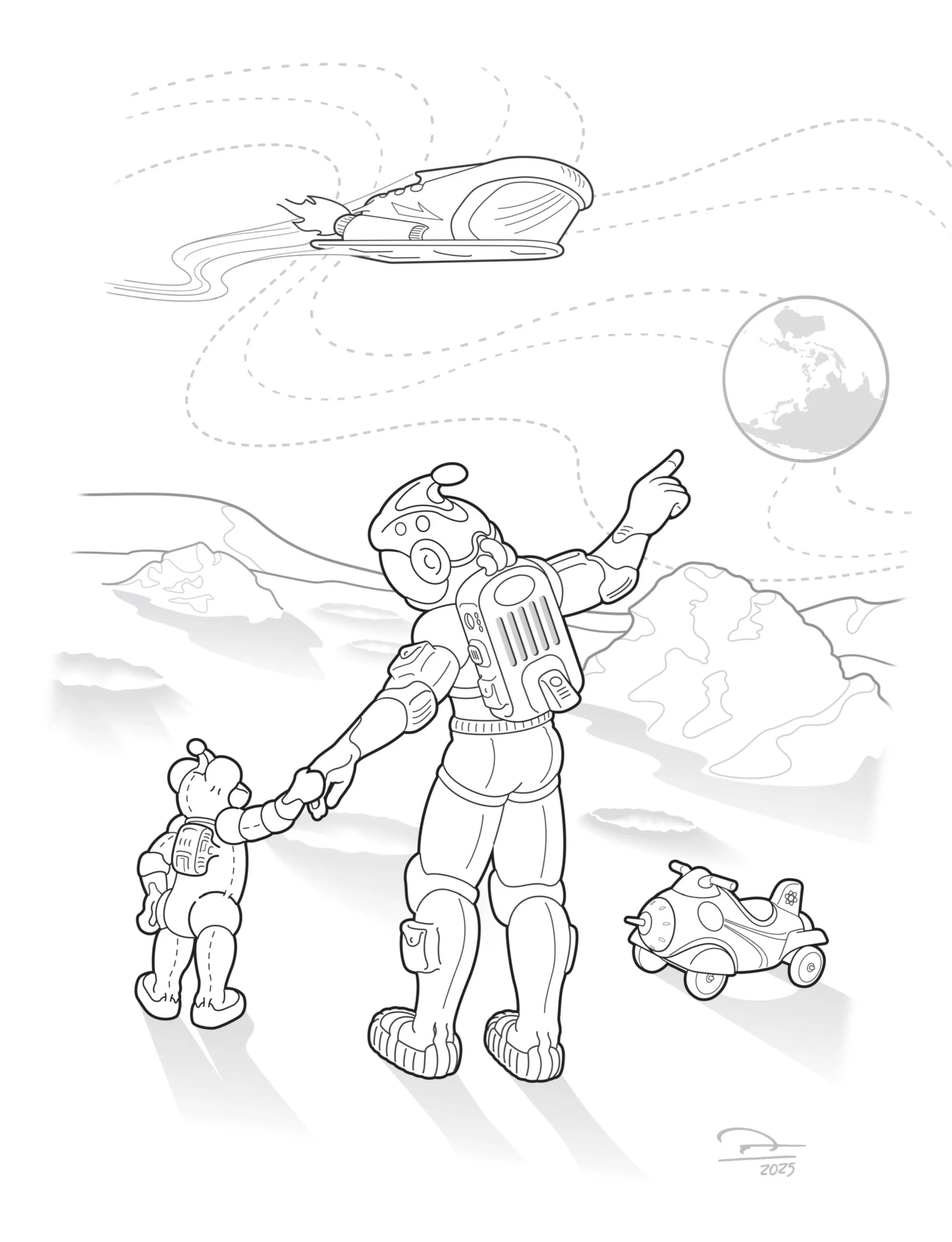 WAM! and Booboo share an instructional moment watching the distant earth as the Sonic cruises by on auto-pilot