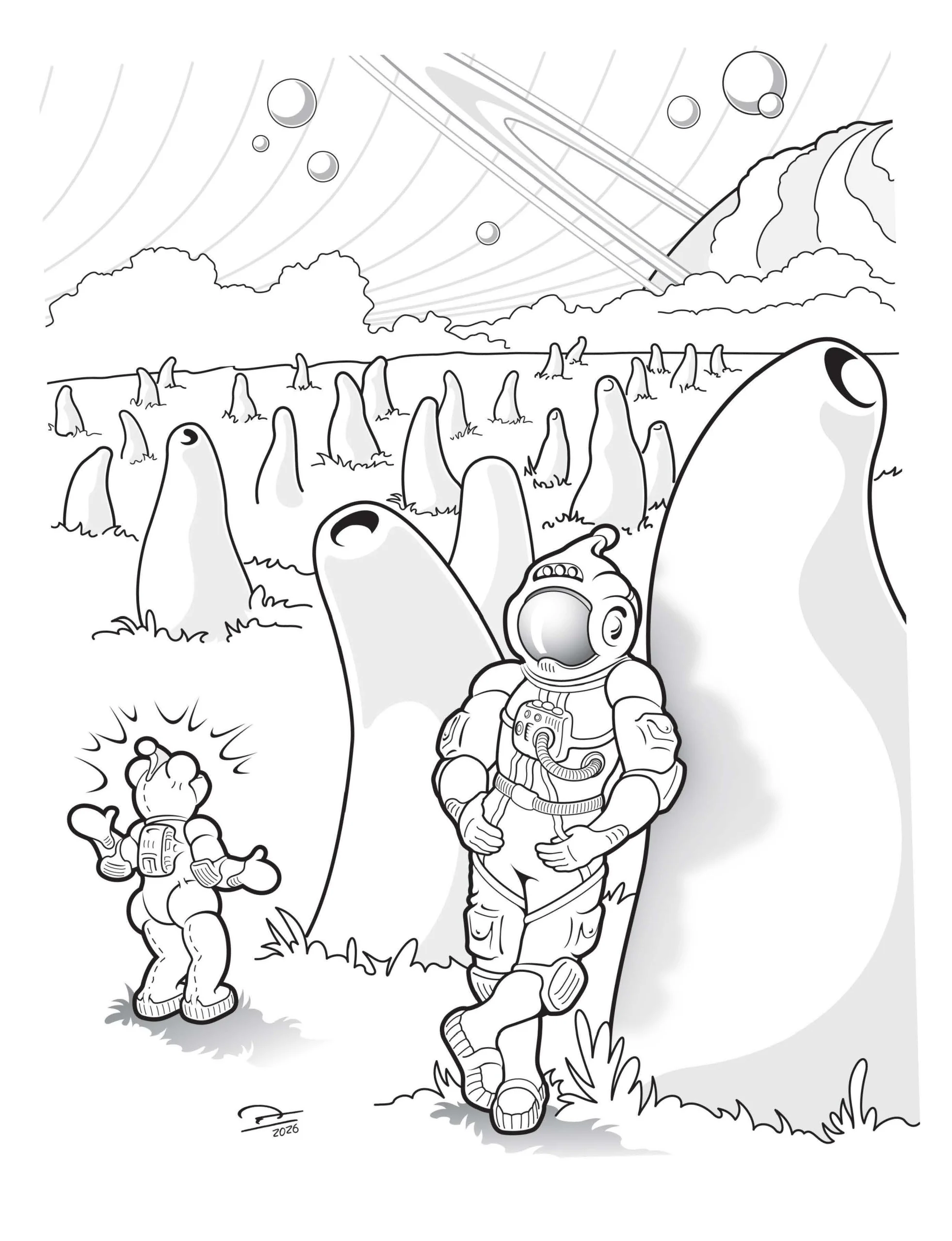 Booboo and WAM! share a relaxing moment on an imaginary planet prompted by a dream about a tree farm populated by unusual organic forms inspired by a 1977 shape study that Chad started while at the University of Wisconsin.