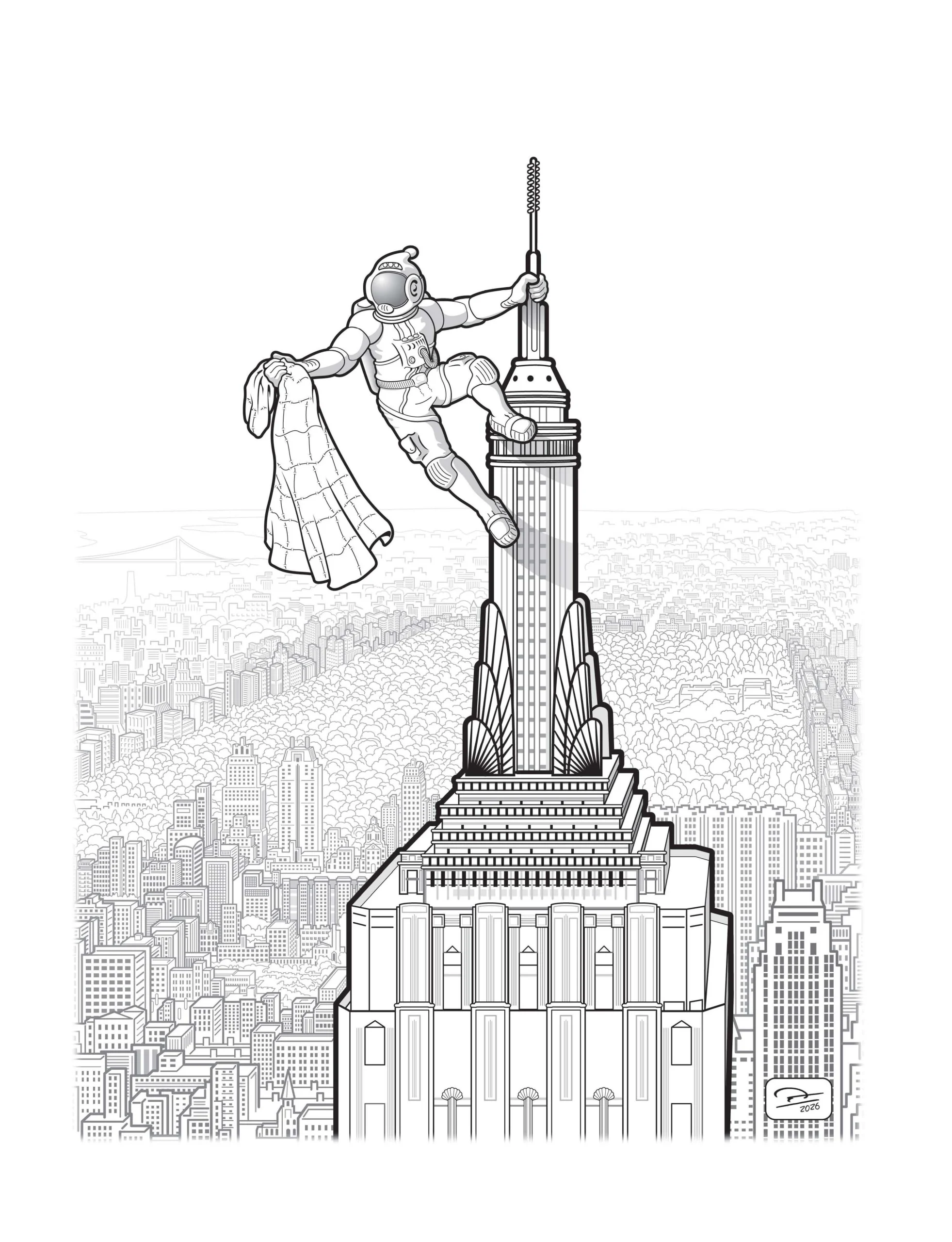 illustration of WAM on the empire state building holding a blanket